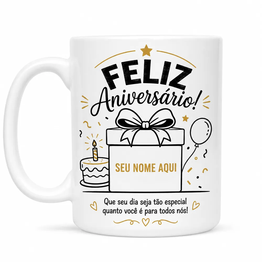 Caneca branca personalizada com arte de feliz aniversário e espaço para o nome