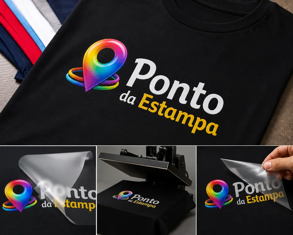 Camiseta preta com estampa DTF colorida e detalhes do filme sendo aplicado na prensa e destacado da peça