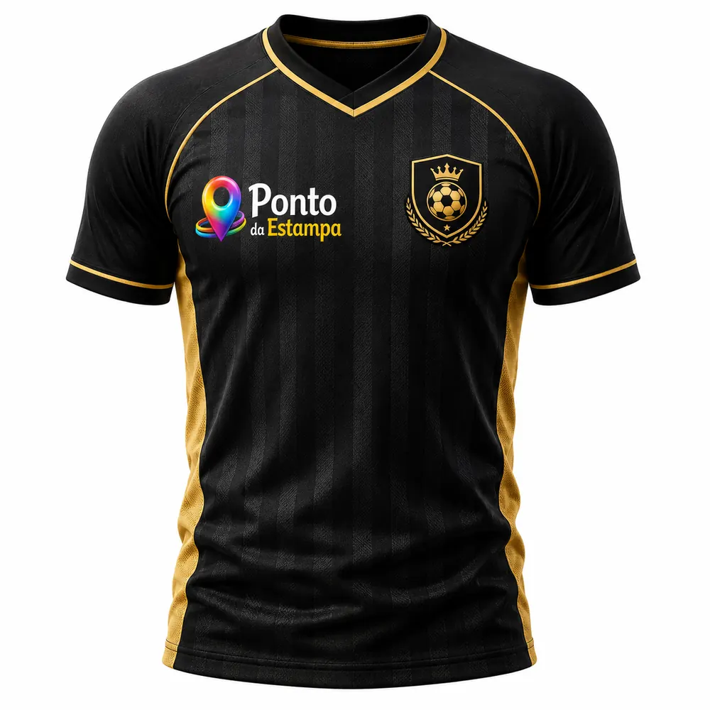 Camisa esportiva preta e dourada com a estampa aplicada em alto relevo no peito