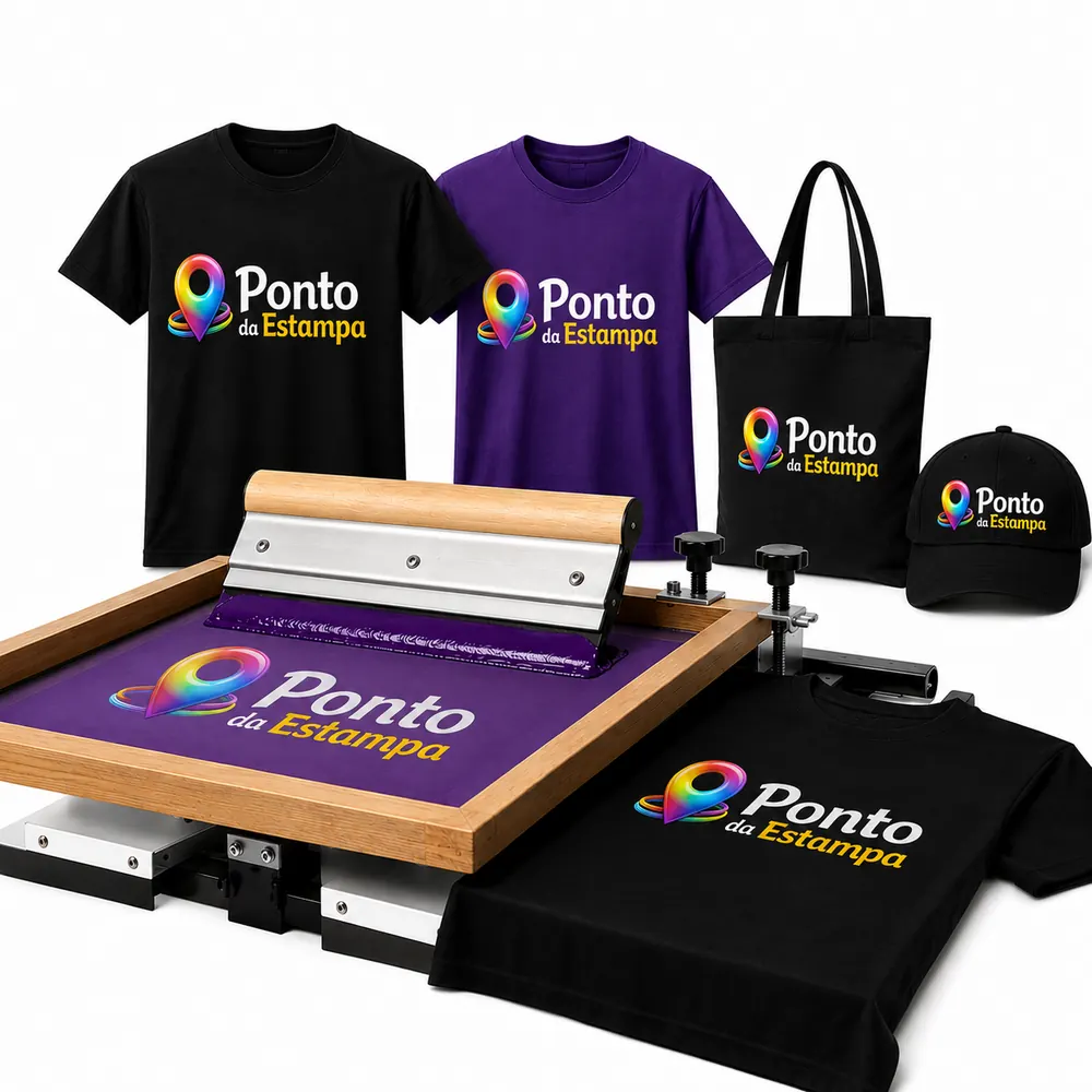 Quadro de silk com rodo e a arte impressa em camisetas, sacola e boné